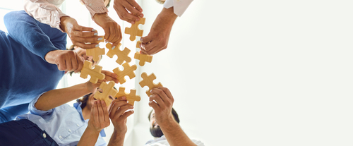 Concept,Of,Finding,Solution.,From,Below,Of,Company,Workers,Assembling